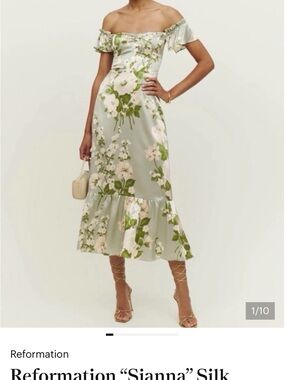 Reformation Sianna Off-Shoulder Silk Midi Dress- Tarragon